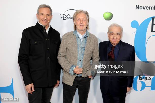 Bob Iger, CEO of The Walt Disney Company, Sir Paul McCartney, and Martin Scorsese attend the Beatles '64 Premiere at Hudson Square Theater on...