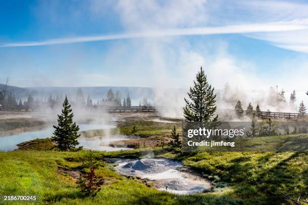 lago di yellowstone e vista del geyser del pollice nel parco nazionale di yellowstone, wyoming, usa - sorgente di acqua calda foto e immagini stock
