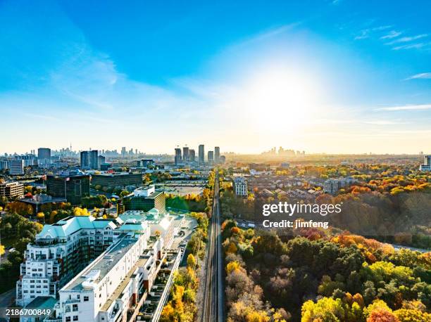 aerial east don trail, don river and rosedale in autumn, toronto, canada - toronto cityscape stock pictures, royalty-free photos & images