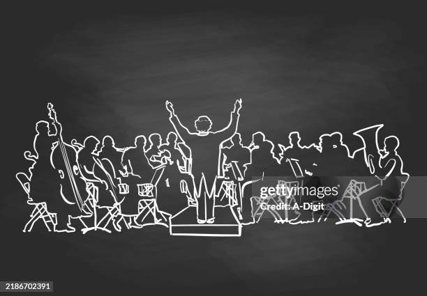ilustraciones, imágenes clip art, dibujos animados e iconos de stock de orquesta sinfónicabocetopizarra - orquesta