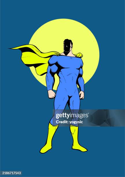 illustrations, cliparts, dessins animés et icônes de vector pop art rétro super-héros debout - cape