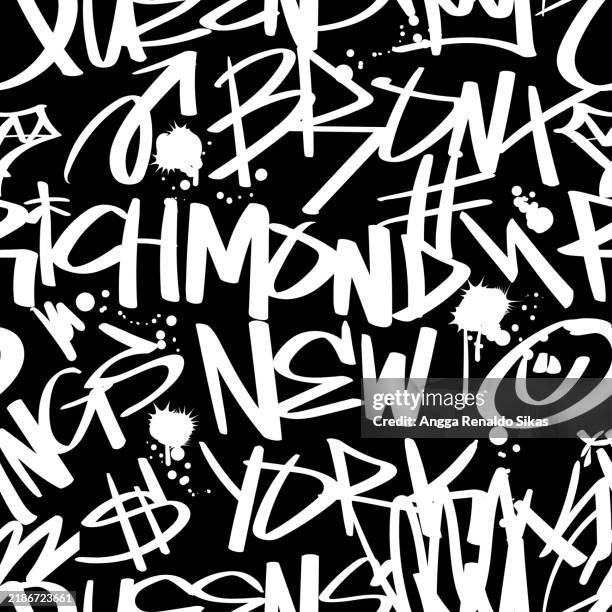 new york counties funky graffiti typography black and white chaotic seamless pattern on black background - spray paint font stock illustrations