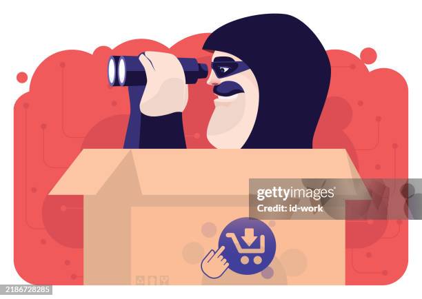scammer searching with binoculars and coming out of carton box - scammer stock illustrations