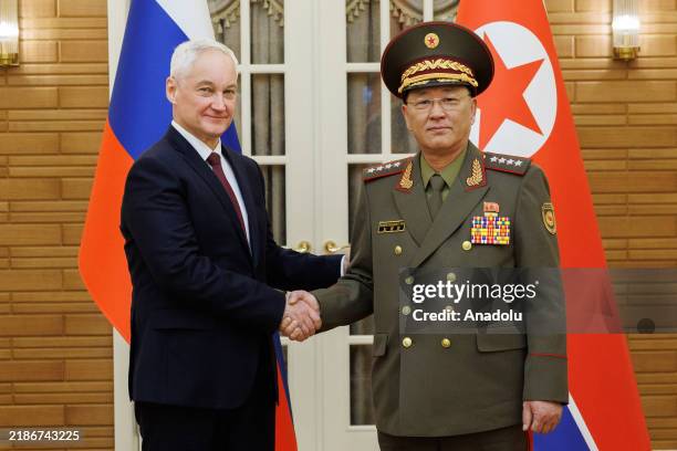 Russian Minister of Defense, Andrey Belousov meets with his North Korean counterpart No Kwang Chol in Pyongyang, North Korea on November 29, 2024.