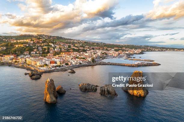 aerial seescape at sunset, drone view - val di noto stock pictures, royalty-free photos & images