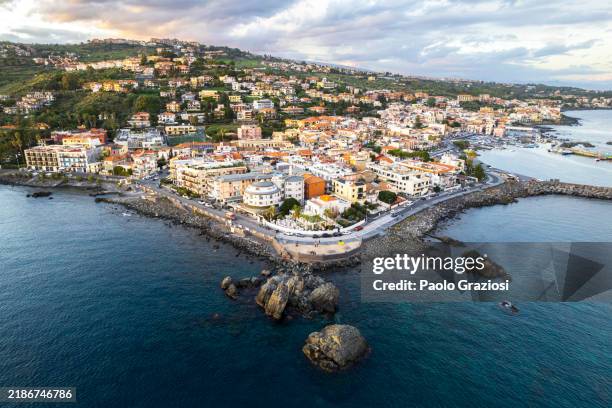aerial view of the fishing village of aci trezza, sicily - ionian sea stock pictures, royalty-free photos & images