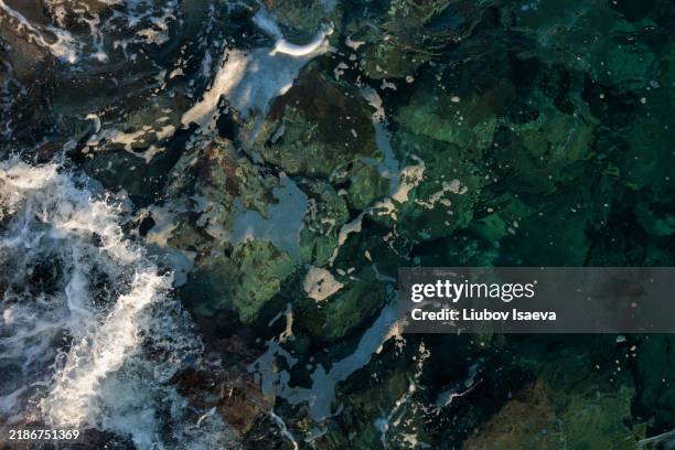 crashing sea waves in sunlight during golden hour. transparent sea waters with stones and foam. - emerald green stock pictures, royalty-free photos & images