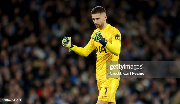 Tottenham Hotspur's Guglielmo Vicario during the Premier League match between Manchester City FC and Tottenham Hotspur FC at Etihad Stadium on...