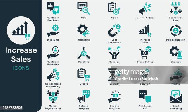 increase sales solid icons collection.containing marketing, goals, profits, business, solution, orders, strategy, ask, listen, act, success, conversion rate, upselling, cross-selling, lead generation - lead generation stock illustrations