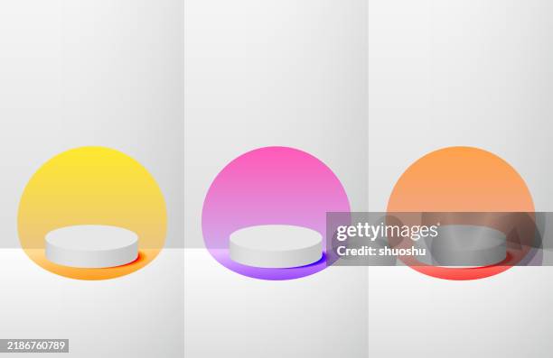set of white realistic 3d cylinder podium with pastel vector design template - cylinder stock illustrations