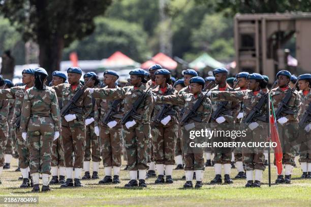 Members of the Army branch of the South African National Defence Force check their alinements ahead of the welcoming military parade at Thaba Tshwane...
