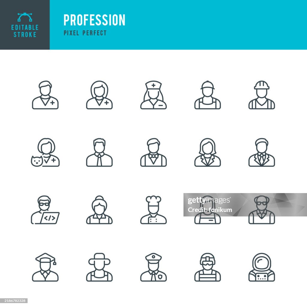 Profession - thin line vector icon set. Pixel perfect. Editable stroke. The set contains icons: Doctor, Delivery Person, Construction Worker, Business Person, Student, Barista, Teacher, Farmer, Policeman, Professor, Soldier, Astronaut.