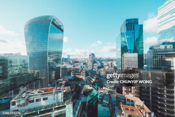 aerial view of 20 fenchurch street or walkie talkie building in london - city of london stock pictures, royalty-free photos & images