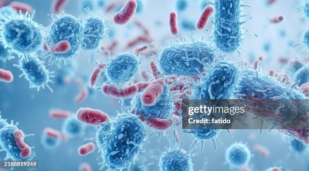 microscopic blue bacteria background - microbiologie stockfoto's en -beelden