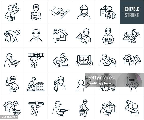 tradesman thin line icons - editable stroke - icons include a tradesman, repairman, handyman, handy person, crafts person, carpenter, plumber, blue collar worker, fixing, repair, painter, welder, welding - maintenance worker icon stock illustrations