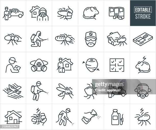 stockillustraties, clipart, cartoons en iconen met pest control and exterminator thin line icons - editable stroke - icons include exterminators spraying pesticides, pest management, pets, insects, cockroach, rat, ants, termites, wasps, infestation, bugs - insect