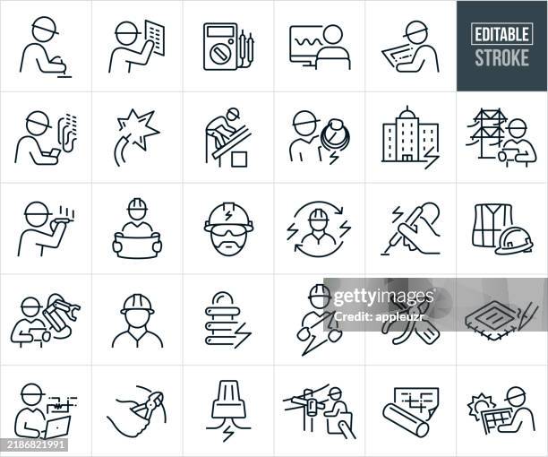 illustrations, cliparts, dessins animés et icônes de génie électrique icônes de lignes minces - trait modifiable - les icônes incluent ingénieur en électronique travaillant sur une carte de circuit imprimé, ingénieurs électriciens travaillant, ingénieur électricien sur le chantier, électriciens, - electrical circuit diagram