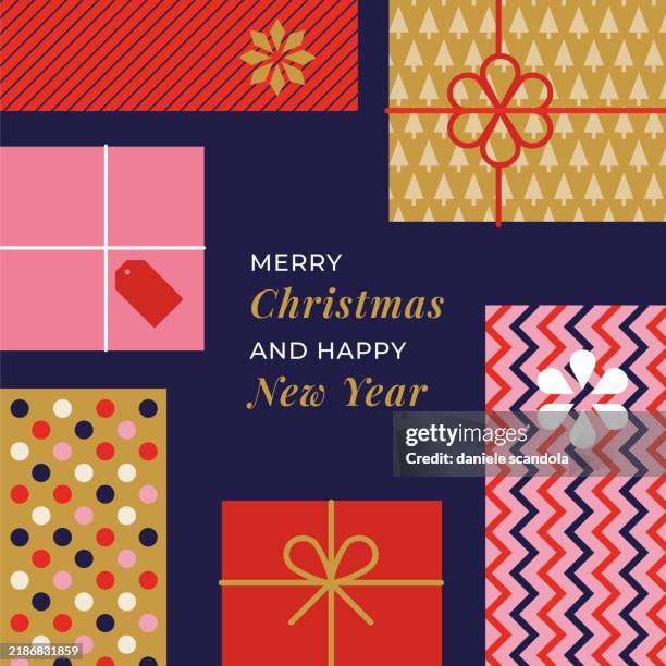 ilustraciones, imágenes clip art, dibujos animados e iconos de stock de bandera de feliz navidad y próspero año nuevo. diseño geométrico minimalista moderno y moderno con regalos de navidad. - arte minimalista