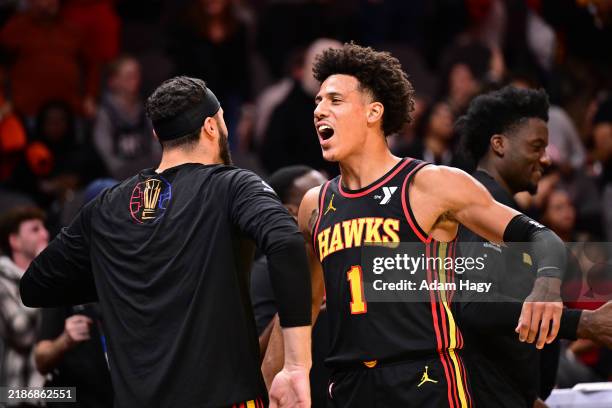 Jalen Johnson of the Atlanta Hawks celebrates during the game against the Cleveland Cavaliers during the Emirates NBA Cup game on November 29, 2024...