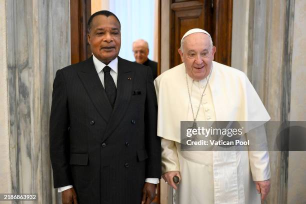 Pope Francis poses with President of the Republic of the Congo Denis Sassou-Nguesso during an audience at the Apostolic Palace on November 25, 2024...