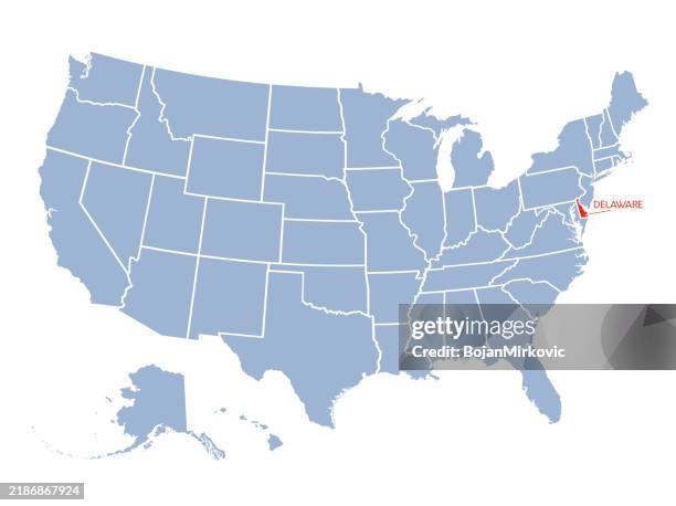 ilustrações de stock, clip art, desenhos animados e ícones de delaware red marked on usa map. detailed map with divided states including hawaii and alaska, with separate layer for each state. vector - delaware