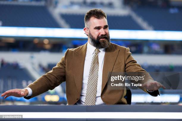 Jason Kelce of ESPN Monday Night Football Countdown before a game between the Baltimore Ravens and the Los Angeles Chargers at SoFi Stadium on...