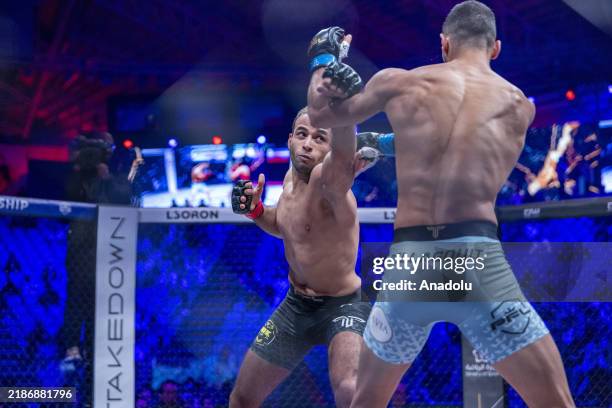 Abdullah Al-Qahtani of Saudi Arabia fight against Mervan Belghouit of Morocco in the final bout organized by the Professional Fighters League in...