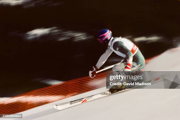 Resul Sare of Turkey skis the Men's Super G event of the Alpine Skiing Competition of the 1988 Winter Olympics on February 21, 1988 at the Nakiska...
