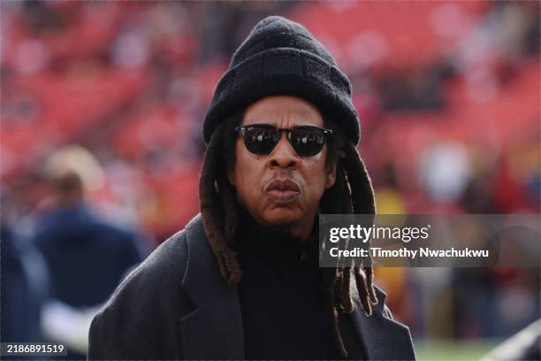 Rapper Jay-Z looks on before a game between the Washington Commanders and the Dallas Cowboys at Northwest Stadium on November 24, 2024 in Landover,...