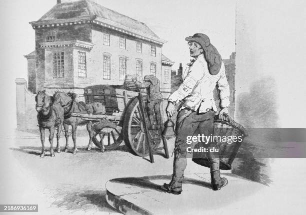 garbage men at work around 1800 to 1810 - guy-throwing-out-garbage-drawing stock illustrations