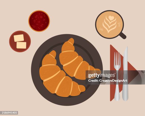 stockillustraties, clipart, cartoons en iconen met high angle view of table with croissants, butter, jam and cup of coffee - bestek