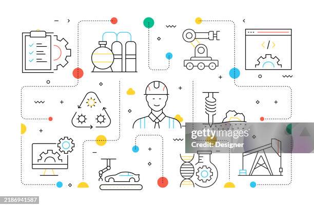 engineering related vector illustration. engineer, technology, technician, job, industrial, professional - protective workwear automobile industry stock illustrations