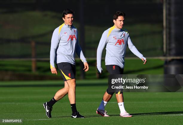 Federico Chiesa of Liverpool and Chris Black, Lead Strength and Conditioning Coach, ahead of the UEFA Champions League 2024/25 League Phase MD5...
