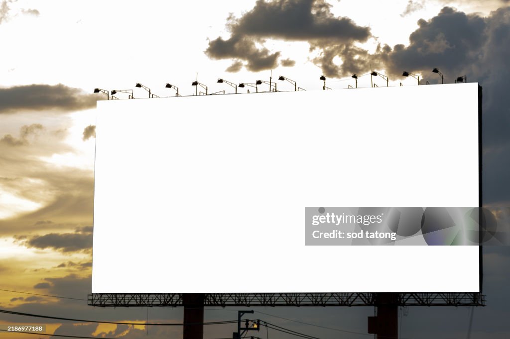 Billboard blank and blue sky, copy space on white screen