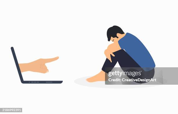 cyberbullying, internet aggression and online abuse concept. side view of sad man sitting and index finger outward from laptop monitor pointing at him - teasing stock illustrations