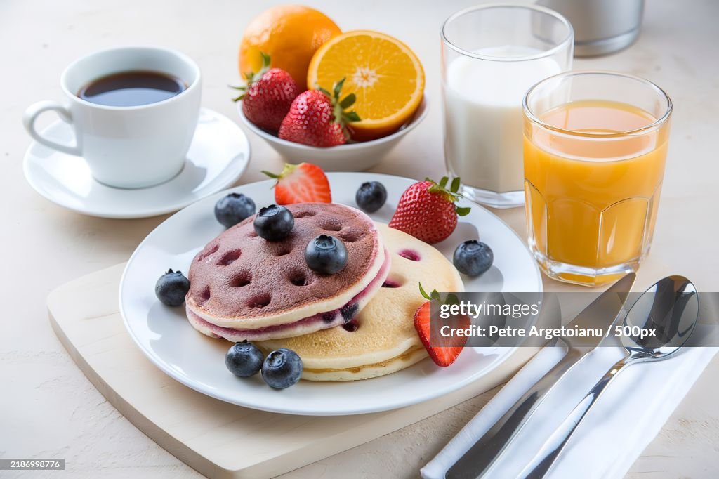 A breakfast set with a blueberry pancake
