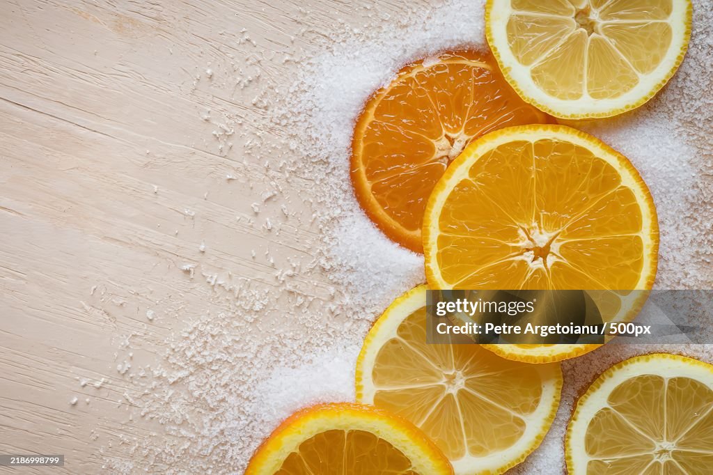 High angle view of lemon slices on table