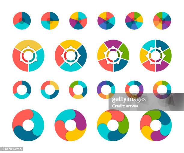 ilustraciones, imágenes clip art, dibujos animados e iconos de stock de colorida colección de gráficos circulares con 3,4,5,6 y 7,8 secciones o pasos - 5 step process cycle