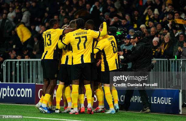 Silvere Ganvoula of BSC Young Boys celebrates scoring his team's first goal with teammates during the UEFA Champions League 2024/25 League Phase MD5...