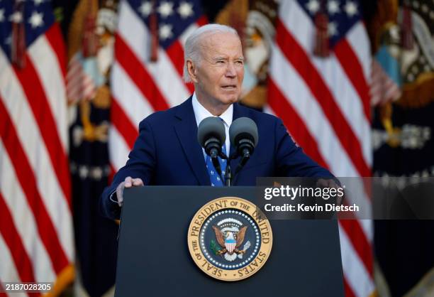 President Joe Biden delivers remarks from the Rose Garden at the White House on November 26, 2024 in Washington, DC. Biden spoke on the ceasefire...