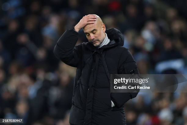 Pep Guardiola, Manager of Manchester City, reacts during the UEFA Champions League 2024/25 League Phase MD5 match between Manchester City and...