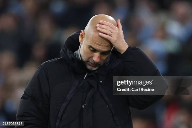 Pep Guardiola, Manager of Manchester City, reacts during the UEFA Champions League 2024/25 League Phase MD5 match between Manchester City and...