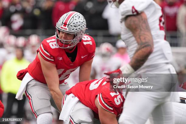 Quarterback Will Howard of the Ohio State Buckeyes seen in action during the game against the Indiana Hoosiers at Ohio Stadium on November 23, 2024...