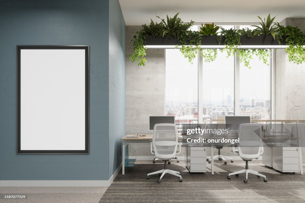 Modern Open Plan Empty Office With Creeper Plants And Close-up View Of Empty Poster On The Wall