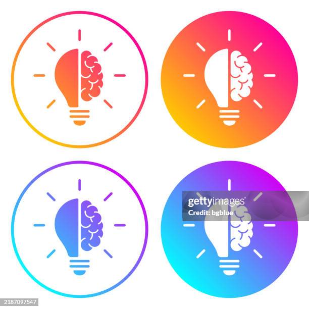 half light bulb and brain. round icons with color gradients - digital brain half stock illustrations