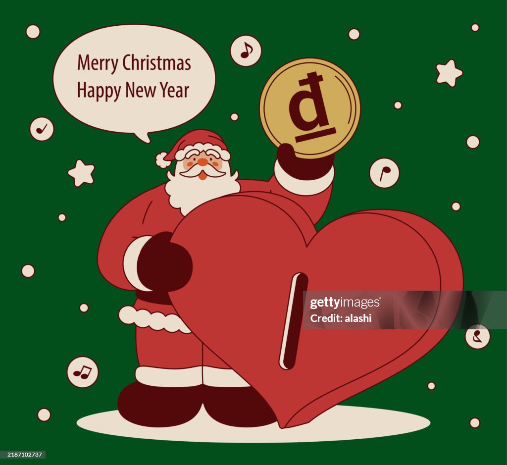 Santa Claus, putting money in a big Love Heart-shaped coin bank, wishes you a Merry Christmas and a Happy New Year