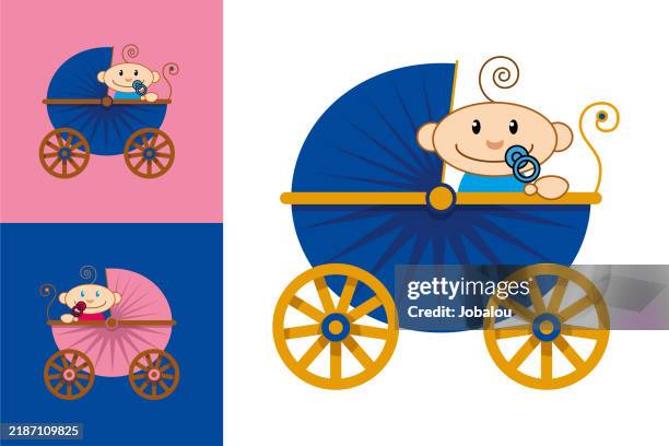 cartoon happy babies inside pram or stroller - jogging stroller stock illustrations
