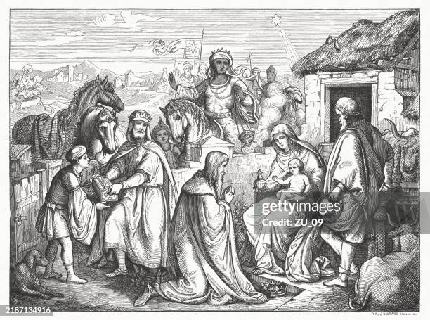 three wise men (matthew 2, 1-12), wood engraving, published 1883 - wise men stock illustrations