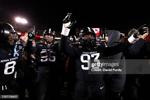 Wide receiver Isaiah Alston of the Iowa State Cyclones, defensive end Chet Andrews of the Iowa State Cyclones, and defensive lineman Obald Niyonkuru...