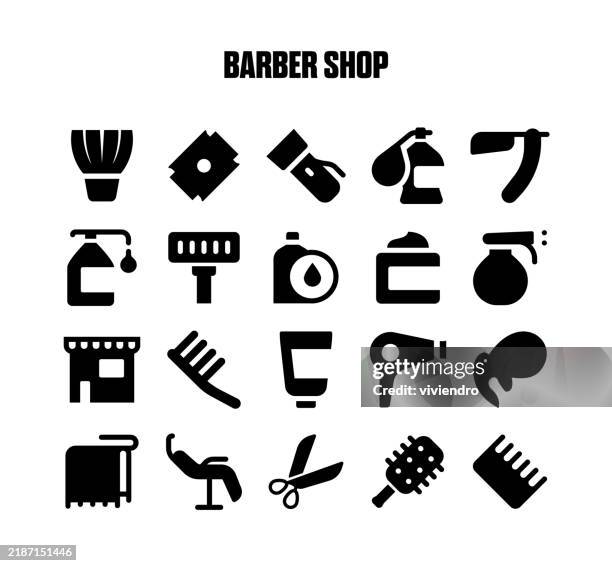 barber shop solid icon set. editable stroke. pixel perfect. - outdated hairstyle stock illustrations